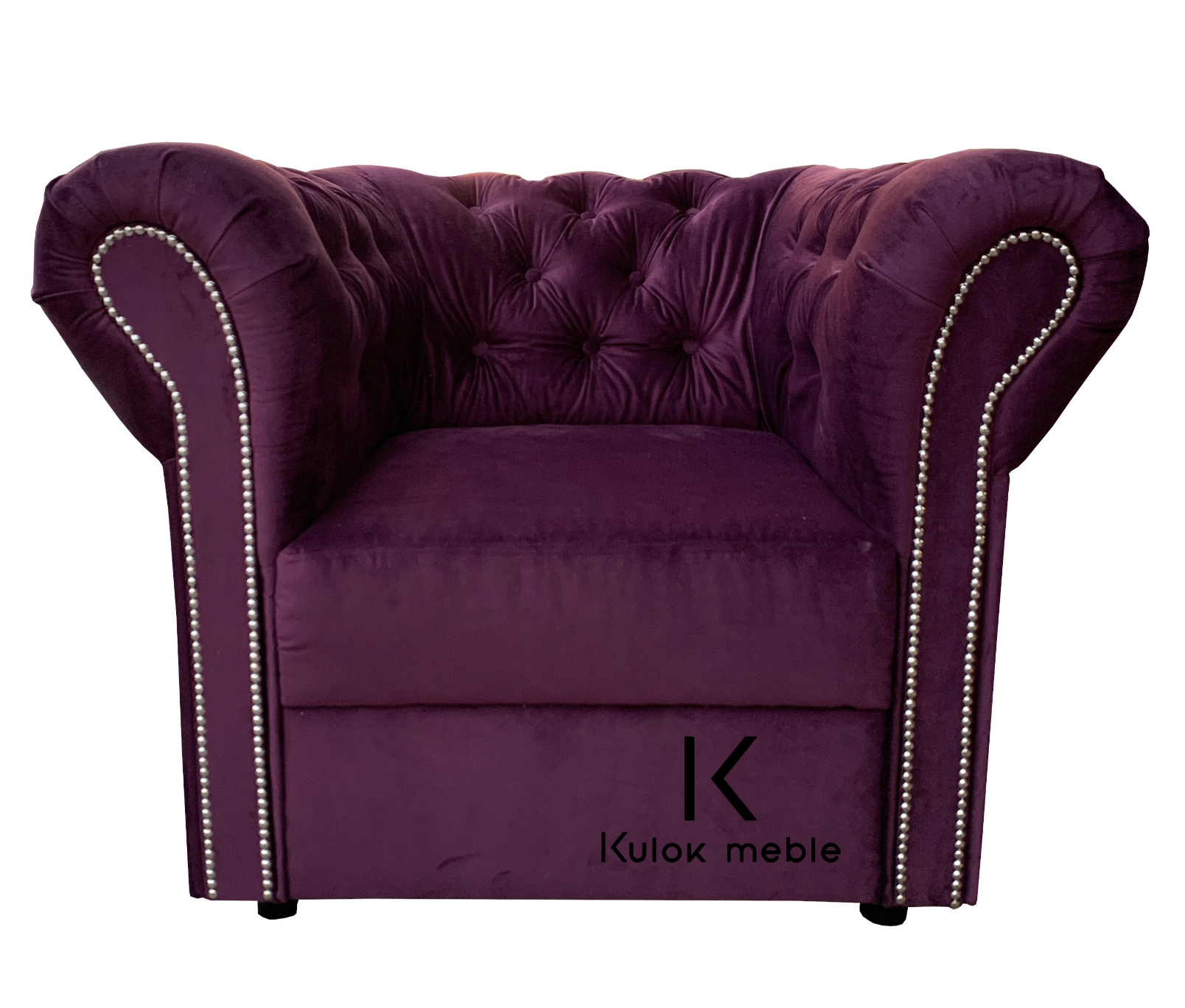 Klasyczny Fotel Chesterfield - Elegancja w Fioletowym Odcieniu, Tkanina Kronos 03 LISTWY OZDOBNE SREBNE